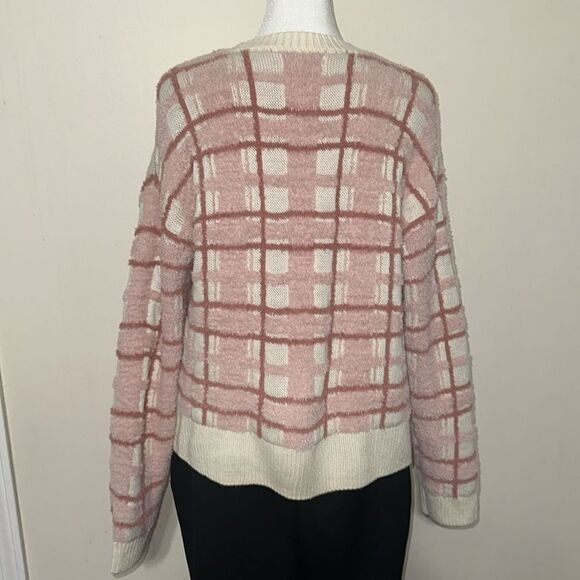 Lauren Conrad L Ivory Mauve Pink Plaid Cozy Chenille Knit Cardigan Sweater - Picture 3 of 11